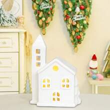 1pc Ceramic Christmas Village House, White Christmas House, Fake Snow, Cottage Christmas Decor, Indoor Home Tabletop Fireplace, White Porcelain House, Christmas Table Decorations Christmas Decorations, Farmhouse Home Decor, Christmas Giftstable Decor, Christmas Decorations For Home, (No Battery, No Lights) - Multicolor - View 7
