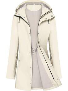 UNIQUEBELLA Rain Jackets For Women Waterproof, Raincoat Long Hooded Rain Coats Outdoor Windbreaker Trench Coat - 米色羊毛絨 - 查看 1