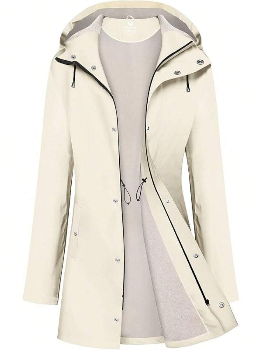 UNIQUEBELLA Rain Jackets For Women Waterproof, Raincoat Long Hooded Rain Coats Outdoor Windbreaker Trench Coat - 米色羊毛絨 - 查看 1
