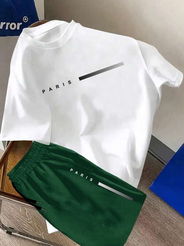 Teen Boys 2K Design Casual Sports Paris New York Handsome Street Handsome Versatile Pattern Black T-Shirt Shorts Suit