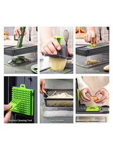 1pc Multifunctional Chopper, 16 In 1 Food Chopper 8 Blades Cutter With Container, Kitchen Vegetable Onion Chopper Slicer, Potato Shredder Salad Chopper,Suitable For Outdoor, Kitchen, And RV Use - Green - View 5
