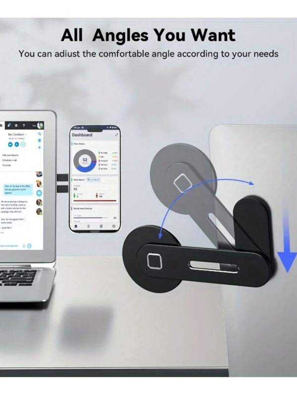 Suporte ajustável para laptop com suporte magnético para telefone, clipe de fixação lateral para monitor em liga de alumínio ultrafino, adequado para laptops, telas flutuantes de carro, monitores de computador, suporte de expansão dobrável portátil.