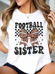 Coquette Bow American Football Sister Game Day Thanksgiving T-Shirt Cotton Graphic Tee For Women, Round Neck Short Sleeve Casual Tops