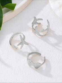 2pcs Metal Ocean Series Rings Set, 3D Starfish And Shell Adjustable Rings For Women, Suitable For Ball, Party, Holiday Wear, Girlfriends' Date Gift