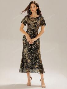 Vestido formal de lujo de manga corta para la madre de la novia o eventos de noche