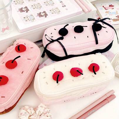 1pc New Cute Cherry Cake Plush Pencil Case, Ins Girl Heart Big Capacity Makeup Bag, Student Stationery Pencil Storage Pouch