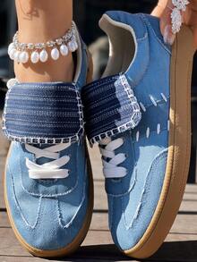 Women's Blue Casual Sports Sneakers, Lace-Up Comfortable Lightweight Flat Shoes, Preppy Style, Back To School Spring/Summer New Arrival, Plus Size - Màu xanh lam - Xem 7