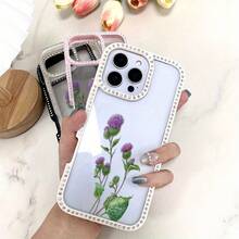 Funda para teléfono 1 unidad, diseño de flores de cardo morado en acuarela, con purpurina, doble cara | Funda brillante 11/12/13/14/15/16 - Rosa - Ver 4