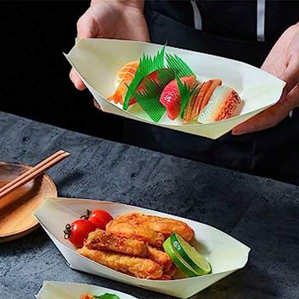 50 Stück / 100 Stück 11,7 cm kleine handgefertigte Holzboot Tabletts - hochwertig polierte Einweg-Appetizer- und Sushi-Tabletts, geeignet für Feierlichkeiten, Halloween, Weihnachten, Valentinstag, Thanksgiving, Abschlussfeiern - kreative Snack- und Dessert-Behälter, Tablett zum Servieren von Lebensmitteln