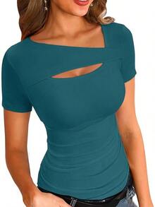 Womens Fashion Fall Cutout Long Sleeve Ribbed Slim Fitted Tops Shirts Tee Tshirts - Short-teal - View 1