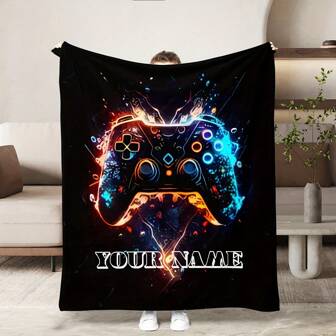 Unique Game Controller Pattern Flannel Blanket - Modern Reversible Hypoallergenic All Season Throw Blanket, Customizable Name - Machine Washable Digital Print Cartoon Theme Bedding - Multifunctional Woven Fabric
