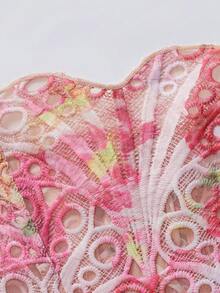 1pc Pink Textured Sheer Floral Lace Corset Hollowed Out Bustier Cute Crop Top For Daily Wear/Party/Wedding - 粉色 - 查看 7