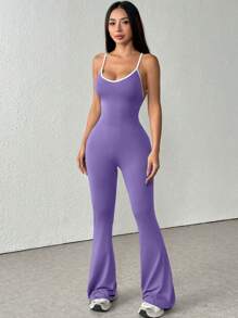1 件套无袖纯色薄吊带背心撞色紧身连体衣阔腿喇叭裤休闲性感露背连体衣