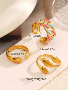 Set Cincin Terbuka Rantai Daun Minimalis Berlapis Emas 18K dari Stainless Steel (3 buah), Cocok untuk Pemakaian Sehari-hari Wanita - MultiWarna - View 3