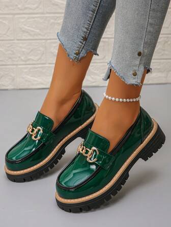 女士坡跟厚底一脚蹬鞋，纯色波西米亚风优雅复古金属链时尚百搭玛丽珍办公鞋