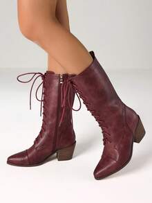 Women's Retro Pointed Toe Boots Fashion Block Chunky Heels Side Zipper Lace-Up Casual Party Dress Fall Vintage Mid Calf Boots Woman - 酒紅色 - 查看 7