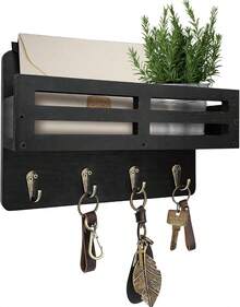 Key Holder Wall Mount, 10 Inch Decorative Key And Mail Holder For Wall, With Mail Organizer & 4 Key Hooks, Rustic Wooden Key Rack For Hanging Dog Leash Sunglasses, Entryway Key Hanger, Black - White - View 12