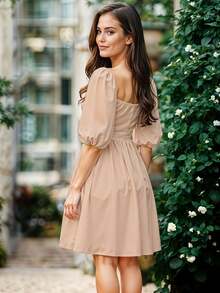 Vestido Corto de Escote Cuadrado con Manga Abullonada Casual para Mujer - Beis - Ver 2