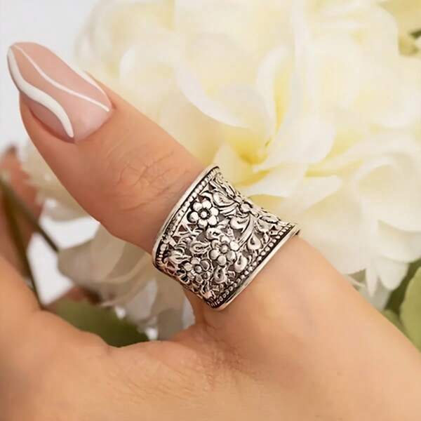 1 Stück einstellbarer Retro Blumen geprägter offener Ring, eleganter Boho Modeschmuck Ring für Damen, geeignet für Partys und als Geschenk