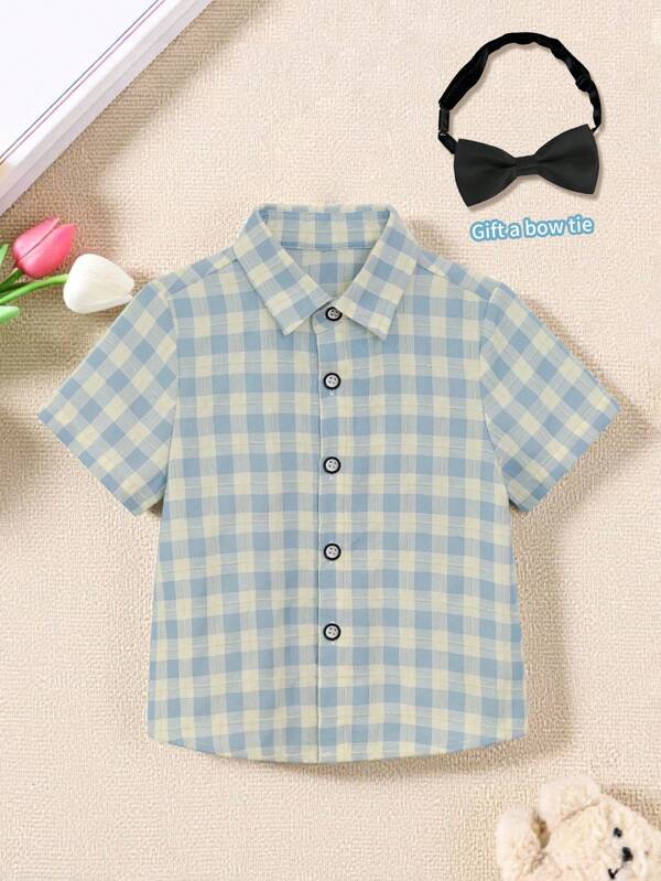 Conjunto formal de 2 piezas para niño pequeño: Camisa de manga corta a cuadros azul claro + Corbata de moño elegante, para verano