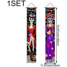 1 New Halloween Skeleton Technology, Grand Door Frame Hanging Decorative Banners, Outdoor Halloween Decoration Set. 11.81 * * 70.86 Inches, Polyester Fiber, Perforated Bottom, Hanging Pole, Death Day Skull Decoration Banner Hanging On Door Frame, Halloween Skull Costume Design