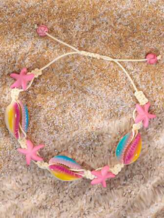 1 pieza Pulsera de mujer con nudo, tortuga marina y concha para playa y verano (con ligera variación en la posición del patrón impreso de la concha y la profundidad del color)