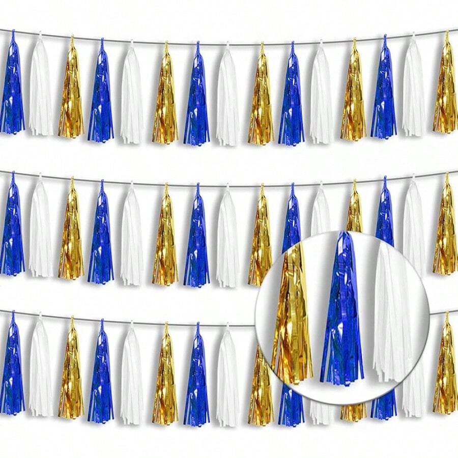 3P Metallic Fringe Tassel Banner Garland Foil Tinsel Streamer Wall Hanging Curtain Backdrop Banner For Parade Floats, Graduation Decorations, Father's Day Party Decoration(Silver)Halloween Christmas New Year - 海軍藍,白金 - 查看 1