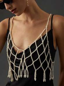 1件甜美女孩时尚仿珍珠吊带简约少女短款上衣 - 白色 - 查看 10