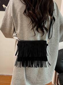 1 pieza Bolso bandolera de uso casual y versátil de moda con cremallera suave de PU negro, decoración con borlas, adecuado para uso diario de mujeres - Negro - Ver 3