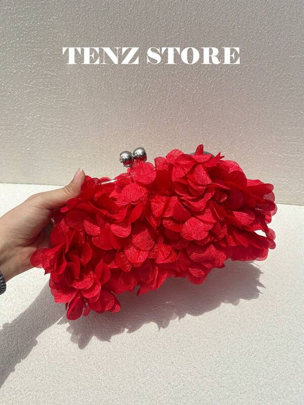 Elegant Red Floral Petal Satin Evening Clutch Bag – Double Chain Design, Handheld & Crossbody, Perfect For Prom, Spring Weddings, Parties, Cocktail Events, Vacation Looks, Graduation, Gender Reveal Party And Formal Occasions