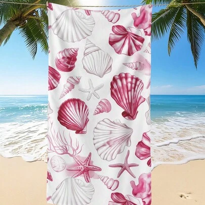1pc Printed Beach Towel, Pink Seashell Pattern Swimwear, Bath Towel, Fashionable Beach Towel, Super Absorbent Bath Towel, Suitable For Bathroom, Swimming, Fitness, Yoga, Soft And Comfortable Microfiber Towel, Lightweight And Easy To Carry, Windproof, Sunscreen, Anti-Sand, Suitable For Summer Travel, Vacation, Bathroom Decor, Recommended Regular Size And Larger Size (Small Towel Size 35*75cm, Recommended 150cm Or Above)
