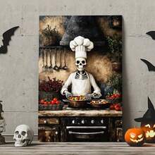 复古万圣节秋季帆布墙画，万圣节骷髅厨师印花图案，复古万圣节墙画，黑色房屋风格印花图案，哥特式深色学院风装饰，适用于餐厅、客厅、厨房和卧室的万圣节装饰