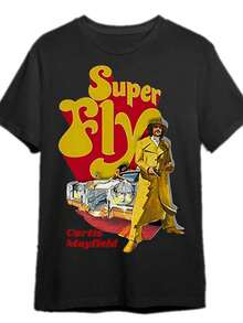 Camiseta gráfica Curtis Mayfield Super Fly - 100% algodón, cuello redondo, camiseta casual, tejido elástico, diseño Super Fly amarillo vibrante, impresión de música retro, perfecta para adultos, ropa de primavera/otoño, TALLA GRANDE - Negro - Ver 1