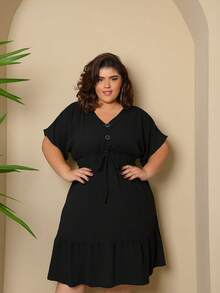 Batwing Dress Plus Size Midi Short Sleeve Duna Fabric Size U/G1 From 44 To 50 With Front Buttons Fashion Elegant Simple Casual Elegant Party Ruffle Hem Buttons On The Front Knot Wedding - 黑色 - 查看 1