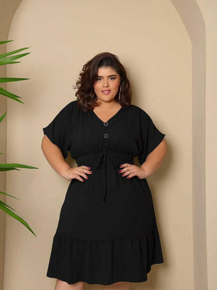 Batwing Dress Plus Size Midi Short Sleeve Duna Fabric Size U/G1 From 44 To 50 With Front Buttons Fashion Elegant Simple Casual Elegant Party Ruffle Hem Buttons On The Front Knot Wedding - 黑色 - 查看 1