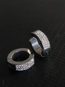 Luxury Unisex Silver Clip-On Hoop Earrings With 3 Rows Of Stones - 銀色 - 查看 1