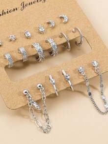 8 对合金锆石吊坠耳环套装，配随机扁平链 - 銀色 - 查看 3