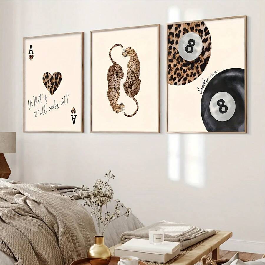 Juego de 3 impresiones de pósteres vintage, estampado de leopardo/guepardo neutro, bola 8 afortunada, arte de pared con estilo preppy elegante para decoración del hogar, arte abstracto vintage minimalista moderno en beige, decoración de otoño sin marco - Multicolor - Ver 1