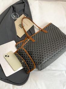 2026新款欧美复古拼色大容量手提包，旅行包，购物袋，适合女性日常使用，学生返校背包，假日旅行，节日，约会，礼物 - 黑色 - 查看 8