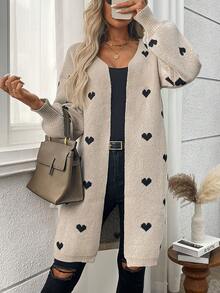 Plus Size Casual Heart Pattern Contrast Color Knit Cardigan Sweater - Khaki - View 6