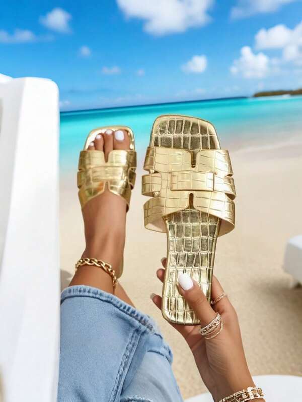 [AFBC-Gem] Women's Gold Alligator Embossed Slides - Designer Flat Sandals, Lightweight Comfortable Summer Shoes, Unique Gift For Evening Outdoor.