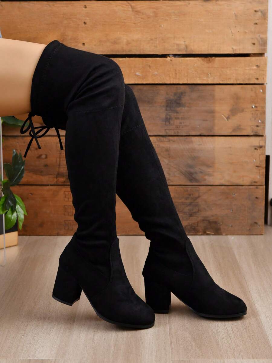 2025 Fall/Winter New Thick Heel Thigh High Boots, Elastic Pointed Toe Tall Boots For Women - Black - View 1