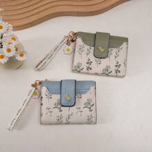 Casual Leaf Pattern Metal Button Compact Bifold Wallet With Decorative Lanyard For Women Wallet Mini Wallet Purse Wallet Small Wallet Cute Wallet - Multicolor - View 5