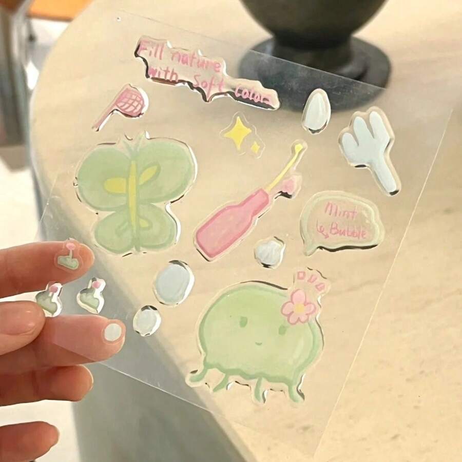 Ins风蝴蝶水母3D果冻贴纸DIY笔记本电脑、平板电脑、手机壳装饰，可爱猫咪浮雕水杯贴纸，百搭装饰 - 彩色 - 查看 1