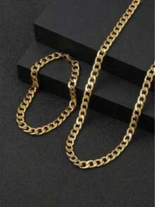 1 set de 2 pièces, nouvelle chaîne épaisse hip-hop personnalisée 2025 - Bracelet et collier assortis, convient pour le port quotidien, les fêtes et les événements - Doré - Voir 3
