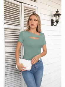 Womens Fashion Fall Cutout Long Sleeve Ribbed Slim Fitted Tops Shirts Tee Tshirts - Short-moss Green - View 7