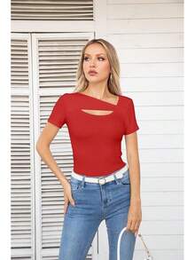 Womens Fashion Fall Cutout Long Sleeve Ribbed Slim Fitted Tops Shirts Tee Tshirts - Short-red - View 6