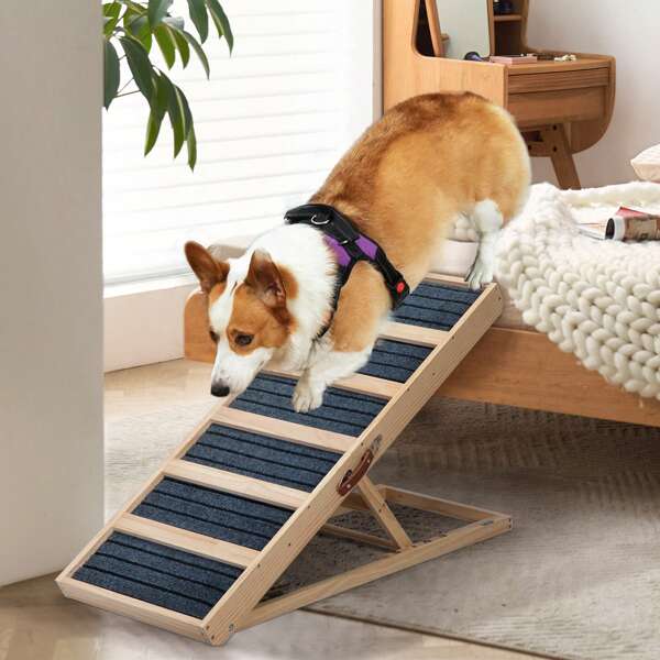 Einsatzflexible Haustier-Rampe, 5-Stufen-Pet-Leiter mit antirutschem Design, für Hunde & Katzen, passend für Bett oder Sofa, in naturwürdiger Log-Optik