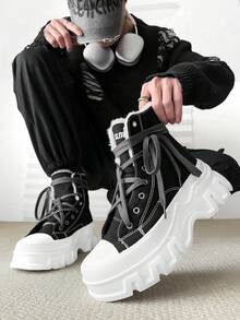 SLnU3 3 件男士时尚休闲厚底靴，朋克学院风帆布交叉带创意系带户外四季皆宜