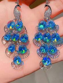 1 对孔雀仿水晶耳环，简约色彩动物耳坠，轻盈奢华小众百搭 - 藍色 - 查看 1
